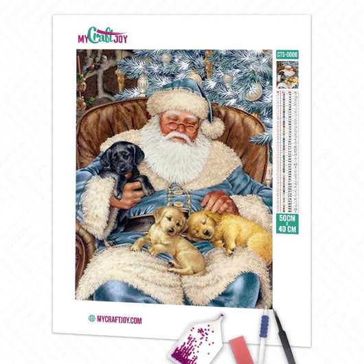 Père Noël avec des chiots - Kit de broderie diamant à faire soi-même