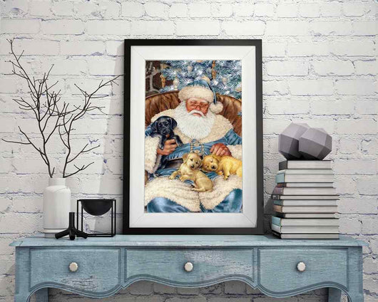 Père Noël avec des chiots - Kit de broderie diamant à faire soi-même